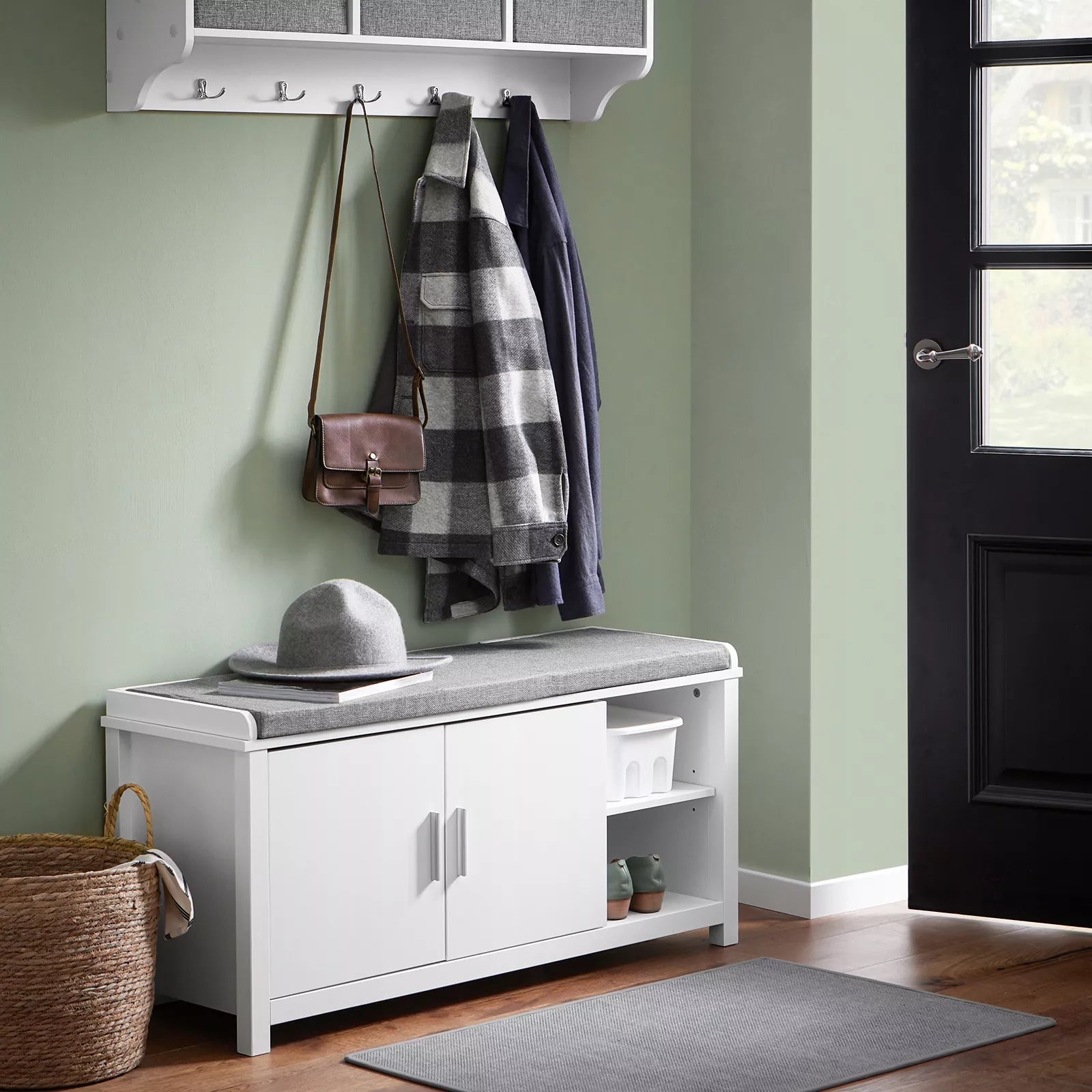 SoBuy Batų spintelė su suoliuku, balta, pilka sėdimoji dalis, lentyna, spintelė FSR168-W