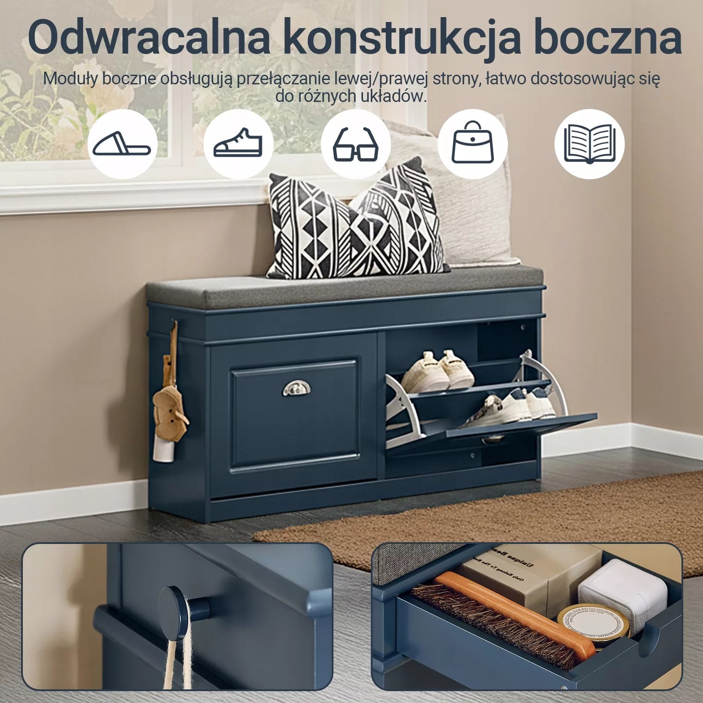 SoBuy batų spintelė su sėdyne, drabužinės organizatorius, mėlyna FSR64-B