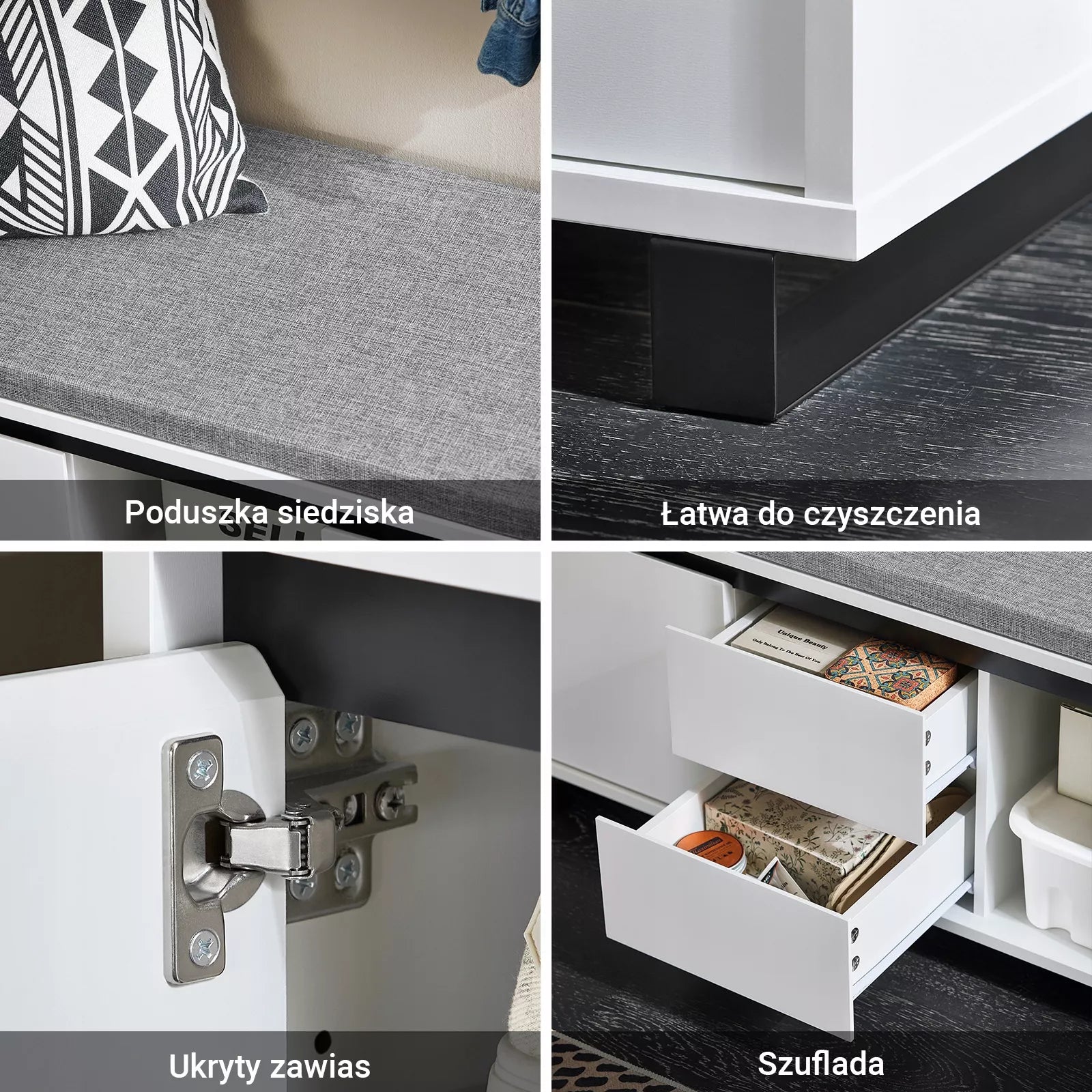 SoBuy Batų spintelė su sėdyne, lentyna, stalčiais, durelėmis, balta FSR176-W