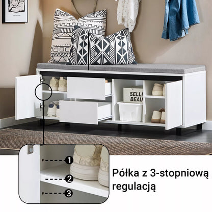SoBuy Batų spintelė su sėdyne, lentyna, stalčiais, durelėmis, balta FSR176-W
