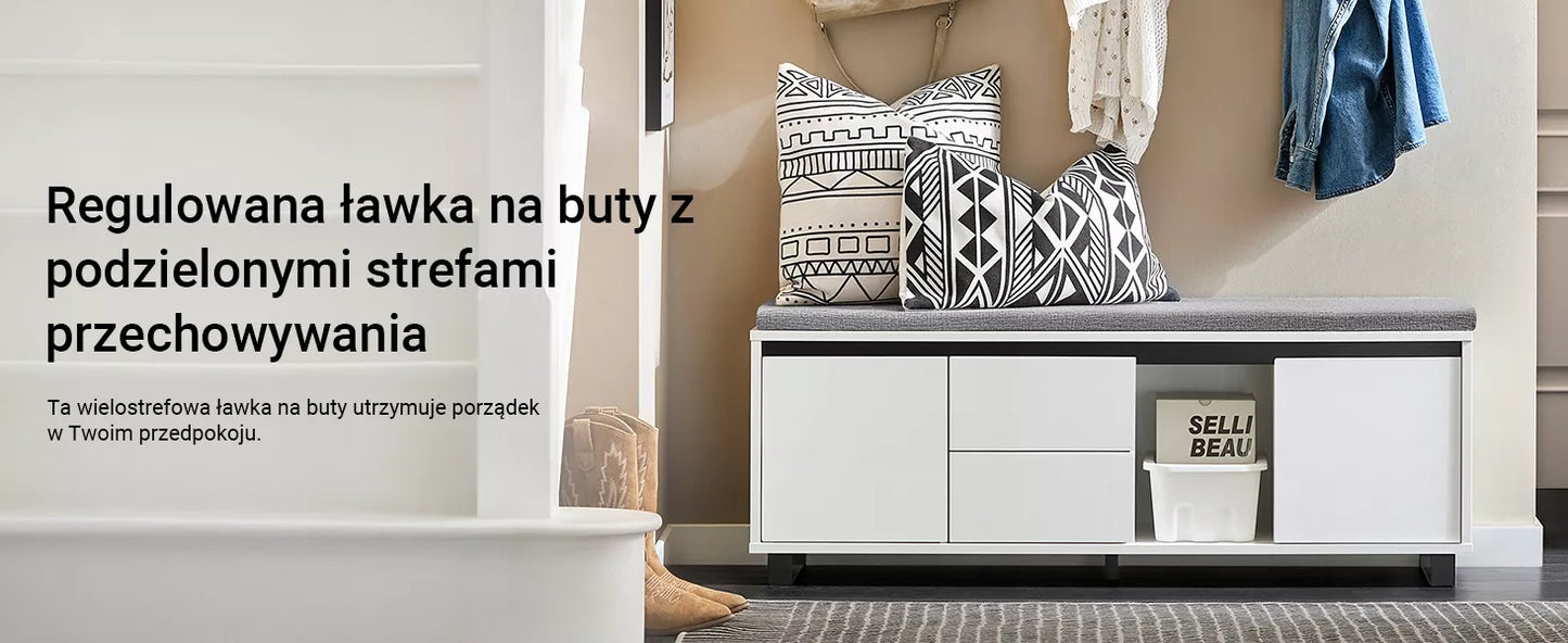 SoBuy Batų spintelė su sėdyne, lentyna, stalčiais, durelėmis, balta FSR176-W