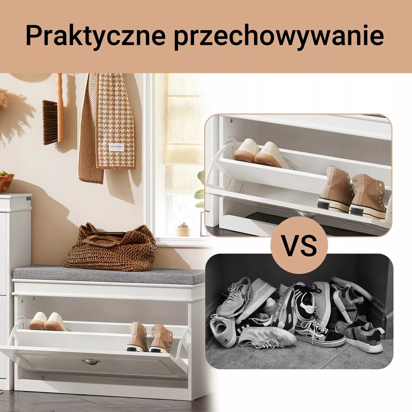 SoBuy Batų spintelė su pilka sėdyne Drabužinės organizatorius FSR82-L-W