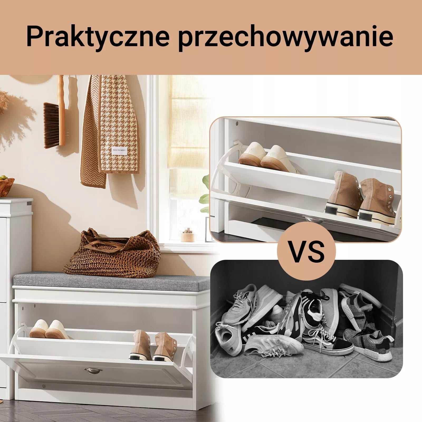 SoBuy Batų spintelė su pilka sėdyne Drabužinės organizatorius FSR82-L-W