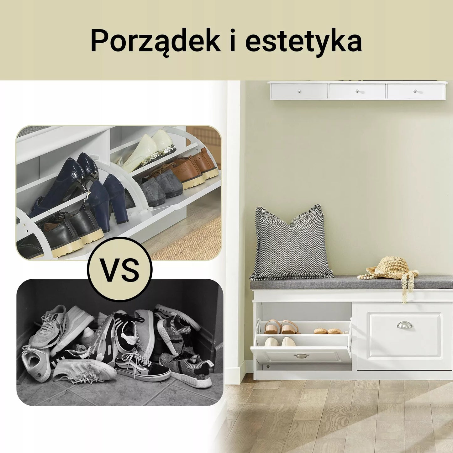 SoBuy Batų spintelė su pilka sėdimąja dalimi drabužinėje FSR64-W