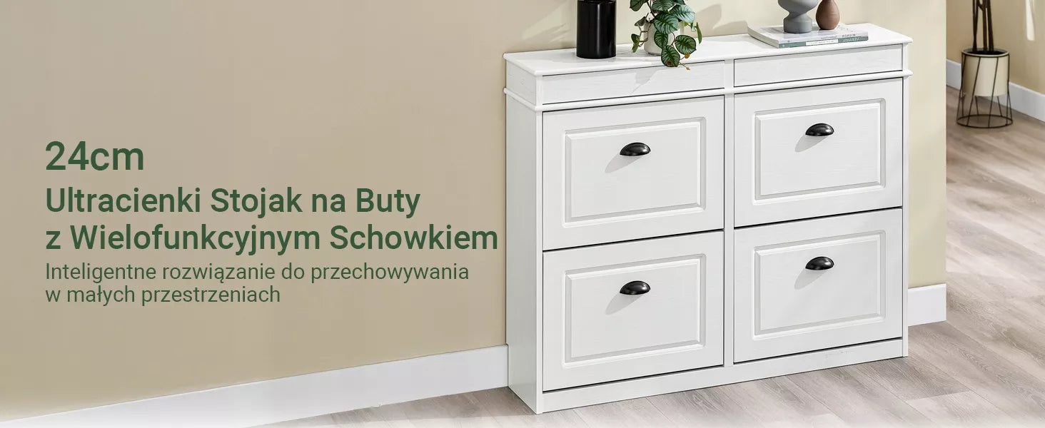 SoBuy Siauras Batų spintelė su 4 atverčiamomis durelėmis Balta prieškambariui FSR79-WG