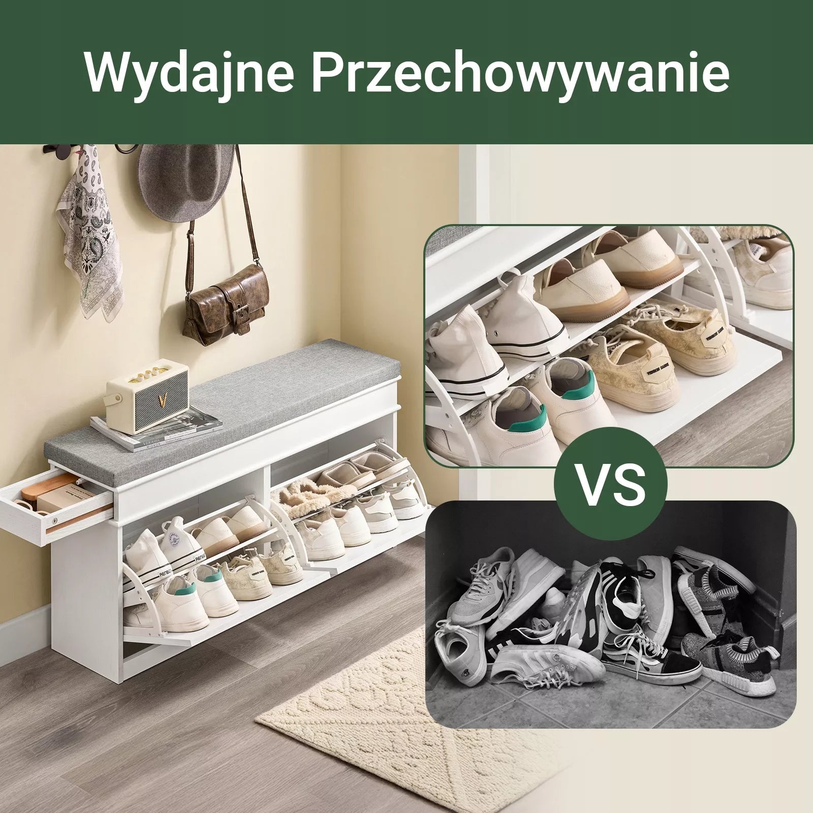 SoBuy Siauraitė batų spintelė su sėdyne ir 2 atverčiamomis durelėmis Balta FSR64-WG
