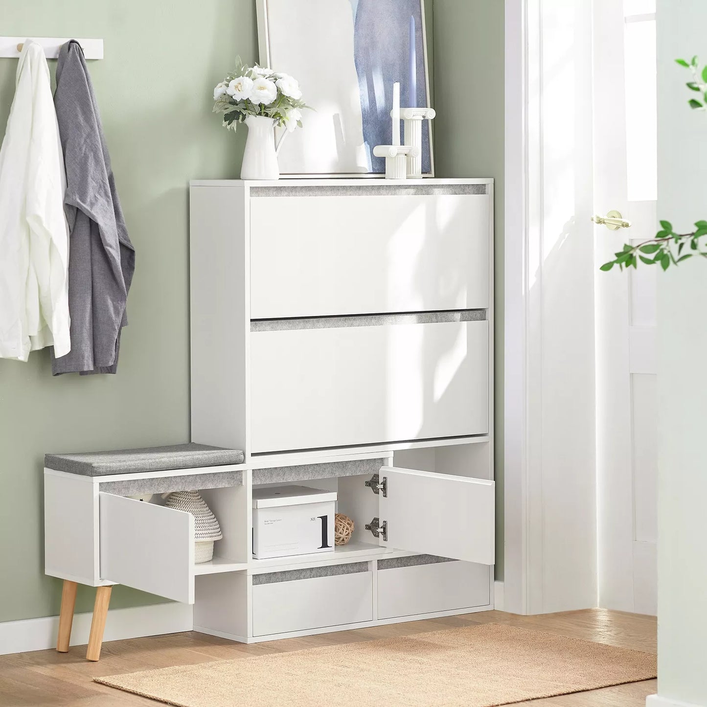 SoBuy Batų spintelė su suoliuku ir laikymo vieta, kampinė konsolė, balta FSR134-W