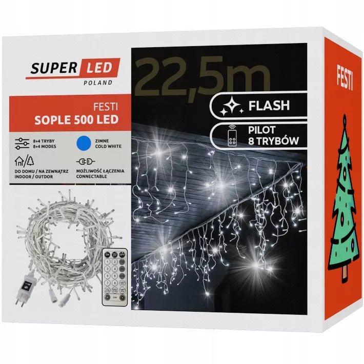 Varvekliai 500 LED lauko, šaltai balta + mirksėjimas 22,5 m kalėdiniai šviestuvai su pulteliu