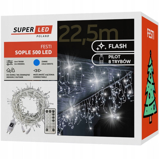 Varvekliai 500 LED lauko, šaltai balta + mirksėjimas 22,5 m kalėdiniai šviestuvai su pulteliu