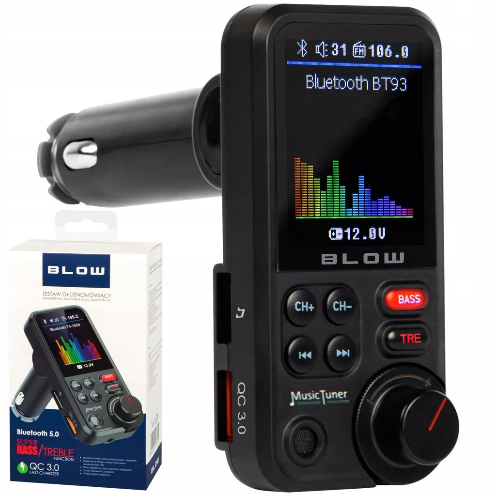 BLUETOOTH 5.0 FM SIŲSTUVAS LAISVŲ RANKŲ ĮRANGA QC3.0 SD BASS DIDELIS LCD 24V