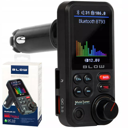 BLUETOOTH 5.0 FM SIŲSTUVAS LAISVŲ RANKŲ ĮRANGA QC3.0 SD BASS DIDELIS LCD 24V