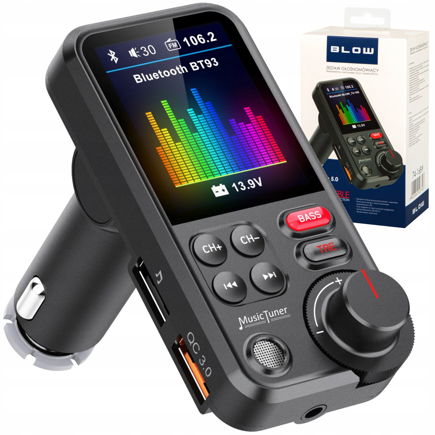BLUETOOTH 5.0 FM SIŲSTUVAS LAISVŲ RANKŲ ĮRANGA QC3.0 SD BASS DIDELIS LCD 24V