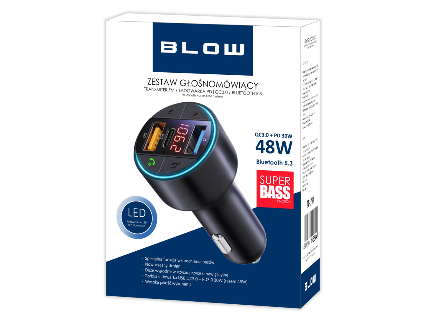 FM siųstuvas įkroviklis Bluetooth BT USB Type-C QC 3.0 + PD 30W BASS LED MP3