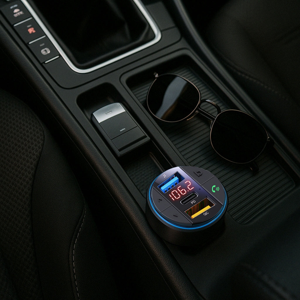 FM siųstuvas įkroviklis Bluetooth BT USB Type-C QC 3.0 + PD 30W BASS LED MP3