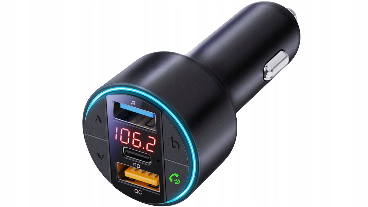 FM siųstuvas įkroviklis Bluetooth BT USB Type-C QC 3.0 + PD 30W BASS LED MP3