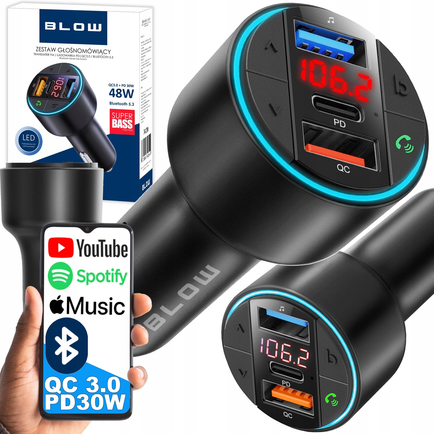 FM siųstuvas įkroviklis Bluetooth BT USB Type-C QC 3.0 + PD 30W BASS LED MP3