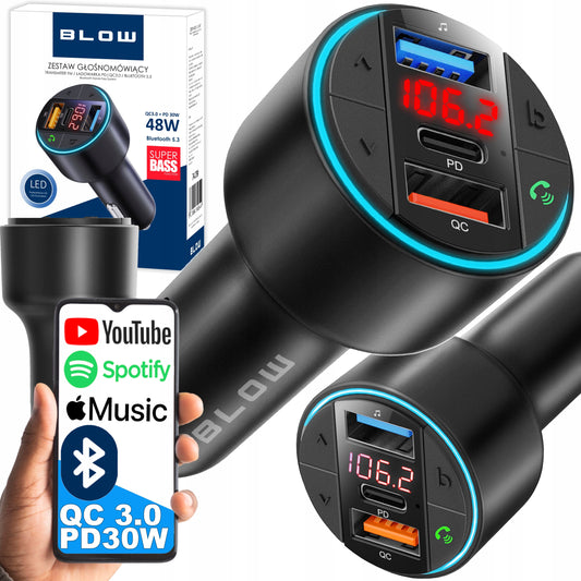 FM siųstuvas įkroviklis Bluetooth BT USB Type-C QC 3.0 + PD 30W BASS LED MP3