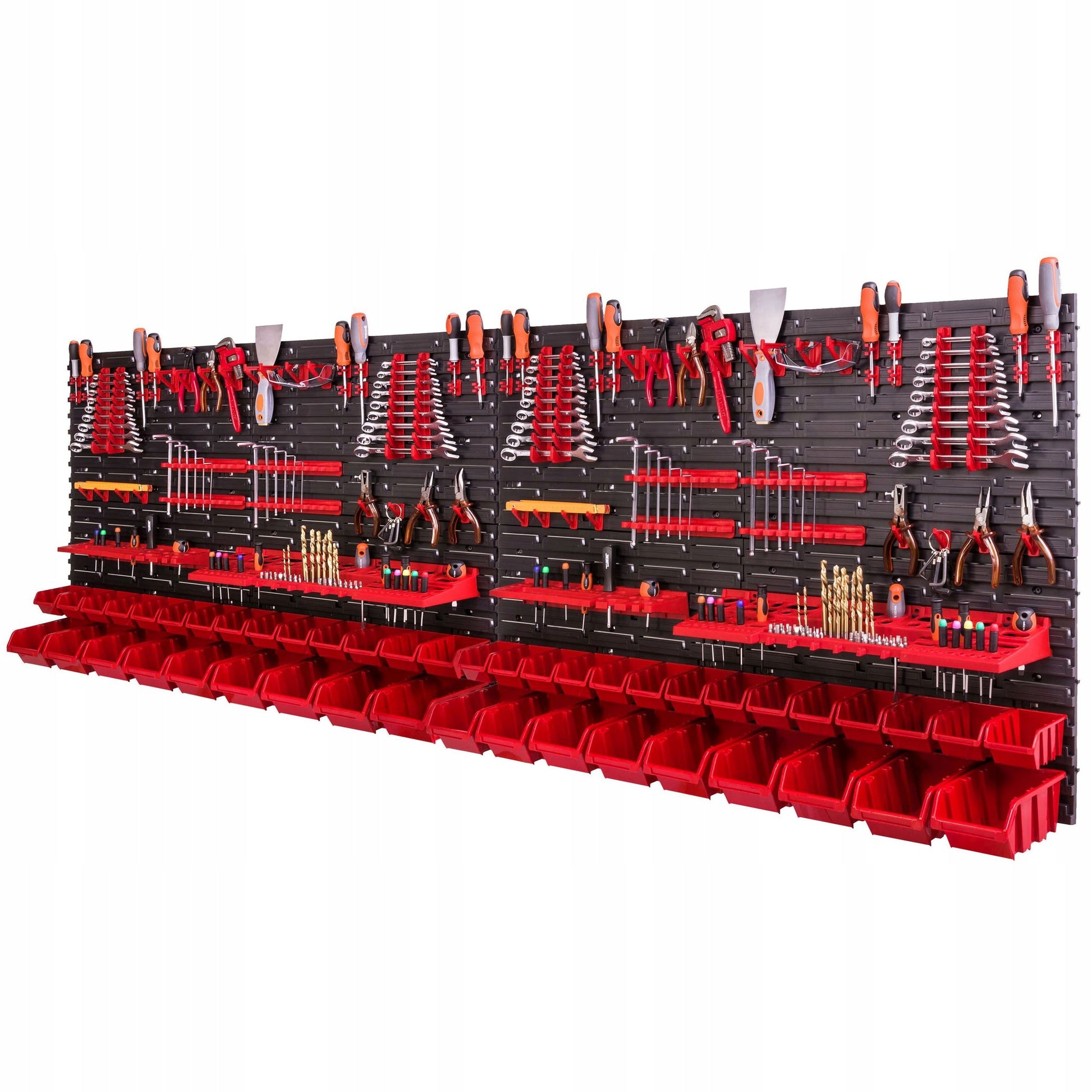 Įrankių lentelė 46 dėklai kabliukai laikikliai 230x78 cm sienelė dirbtuvėms