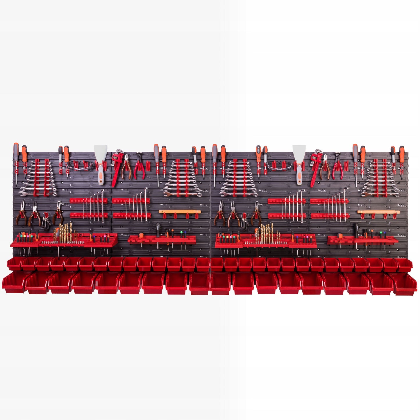 Įrankių lentelė 46 dėklai kabliukai laikikliai 230x78 cm sienelė dirbtuvėms