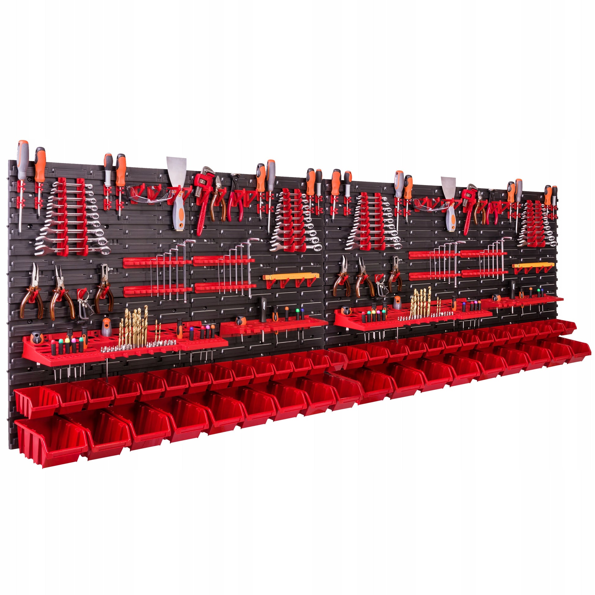 Įrankių lentelė 46 dėklai kabliukai laikikliai 230x78 cm sienelė dirbtuvėms