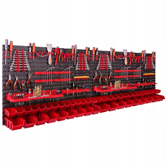 Įrankių lentelė 46 dėklai kabliukai laikikliai 230x78 cm sienelė dirbtuvėms