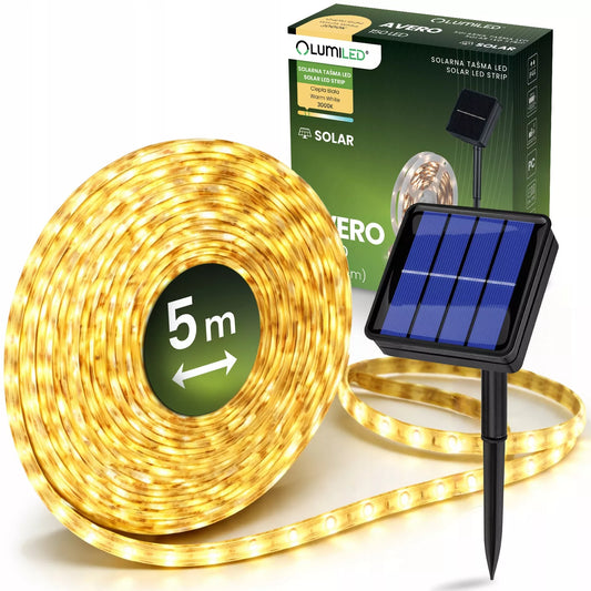 Solarna taśma LED ogrodowa 5 m, 150 diod LED, dekoracyjne, ciepłe światło, lampki IP44