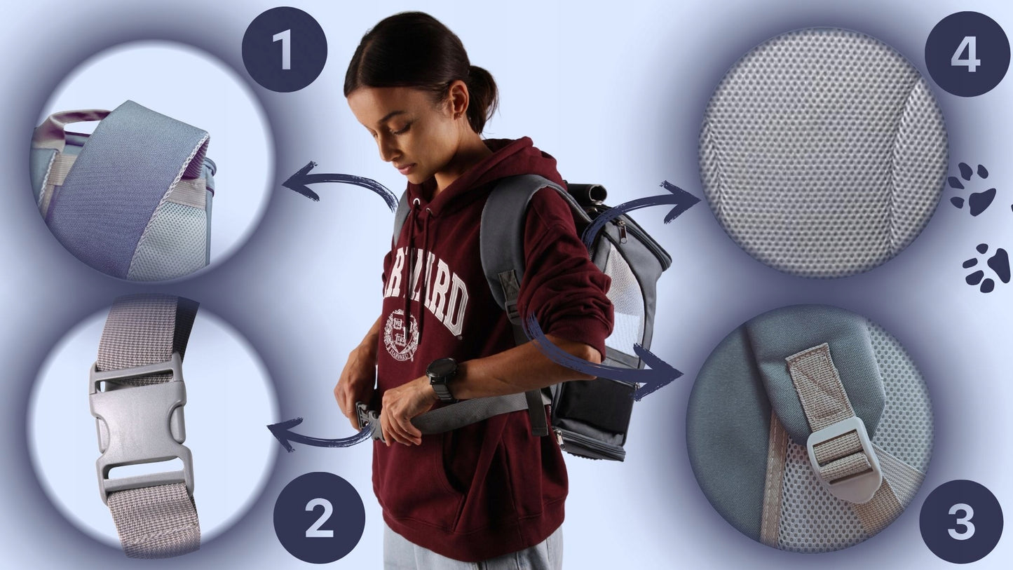 Transportavimo kuprinė, skirta šunims, katėms ir kitiems gyvūnams, išskleidžiama, vėdinama, didelė