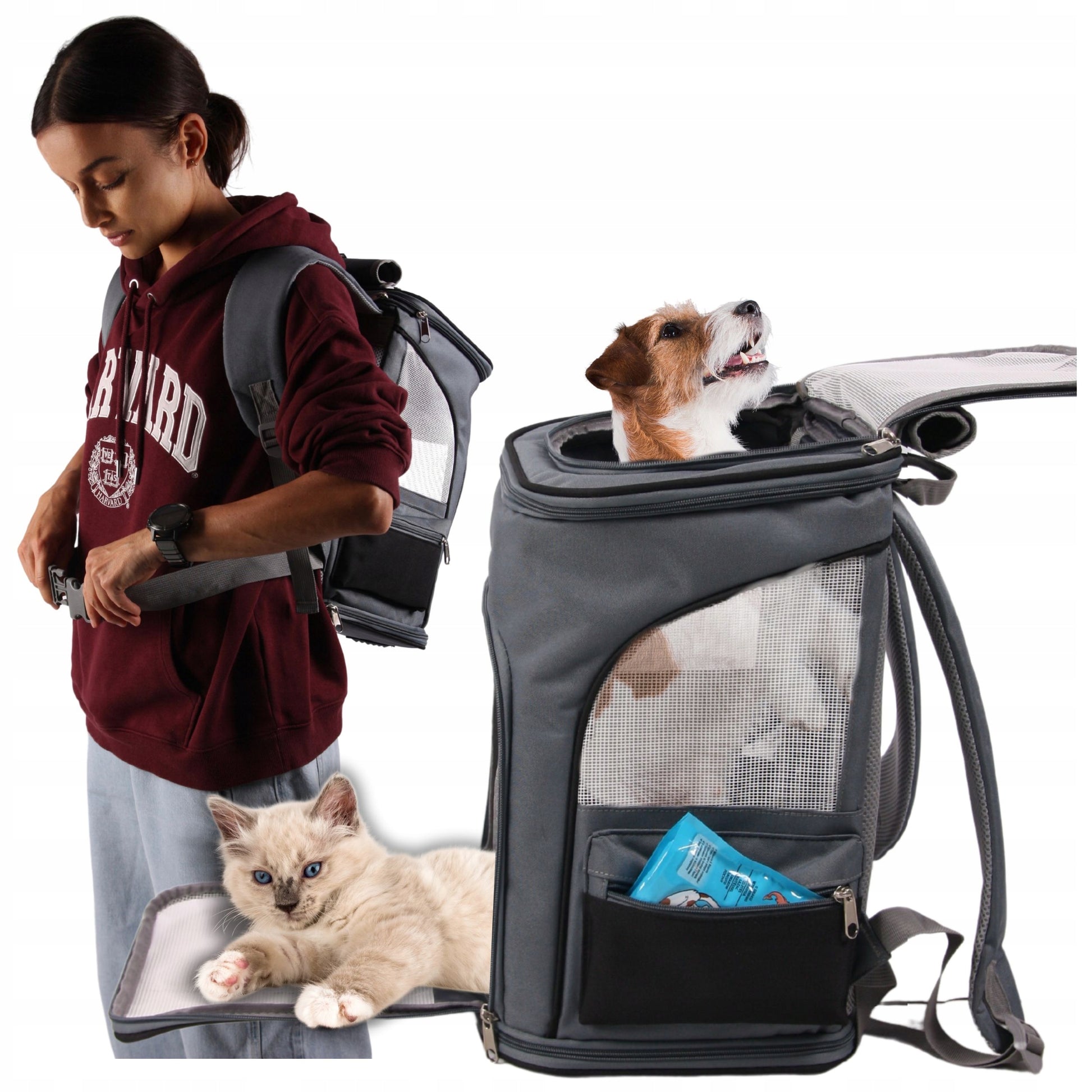 Transportavimo kuprinė, skirta šunims, katėms ir kitiems gyvūnams, išskleidžiama, vėdinama, didelė