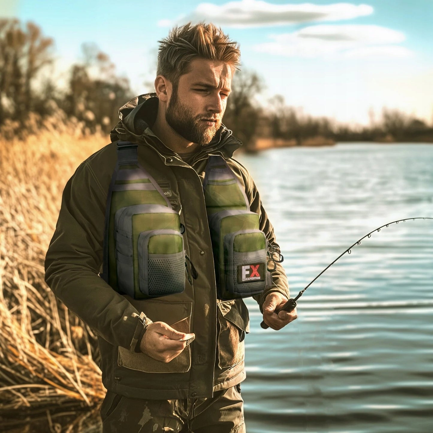 Itin lengva kvėpuojanti žvejybinė liūmenė su daug kišenių žalia