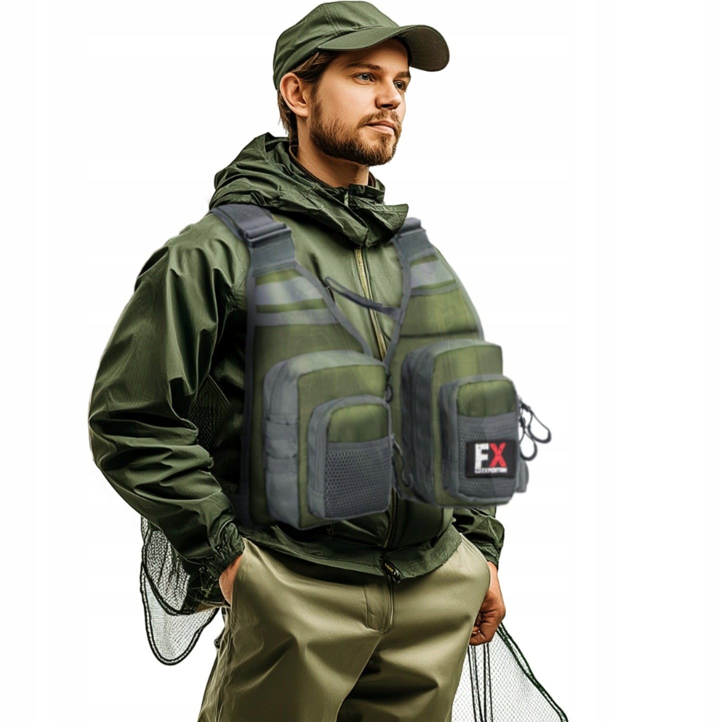 Itin lengva kvėpuojanti žvejybinė liūmenė su daug kišenių žalia