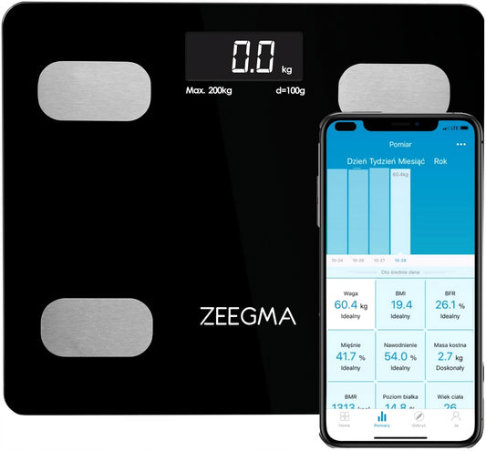Analitinės sportinės vonios svarstyklės 200 kg, 17 funkcijų, iOS ANDROID BMI programėlė