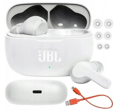 JBL Wave 200 TWS baltos belaidės ausinės su įkrovimo dėklu