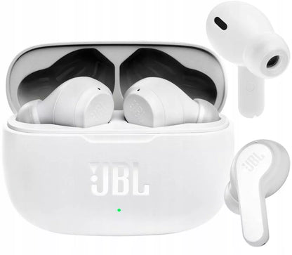 JBL Wave 200 TWS baltos belaidės ausinės su įkrovimo dėklu