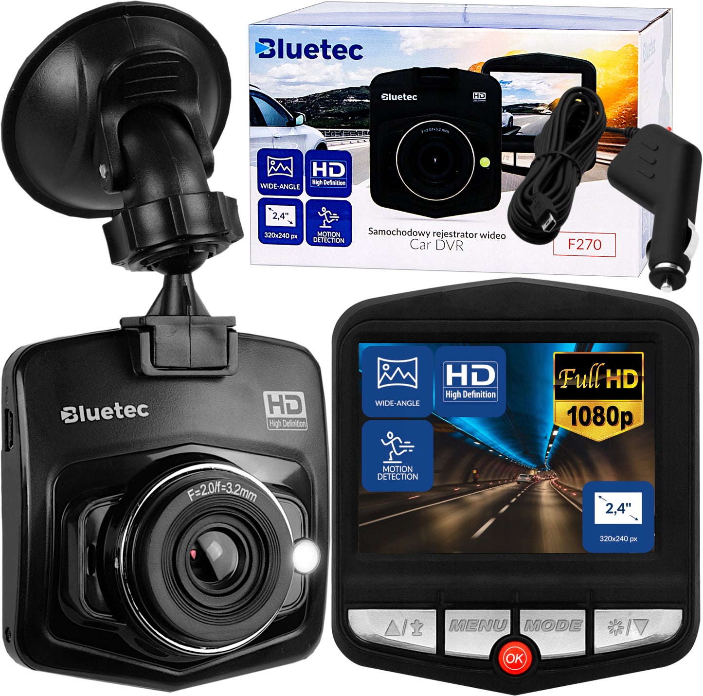 Vaizdo registratorius Automobilinė kamera HD Lenkiškas meniu Laikiklis