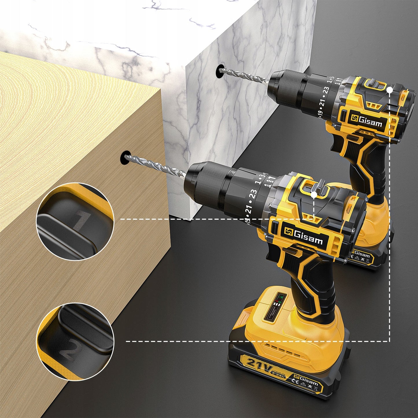 AKUMULIATORINIS BEŠEPETĖLIS SMŪGINIS GRĘŽTUVAS-SUKTUVAS 21V + GRĄŽTŲ RINKINYS