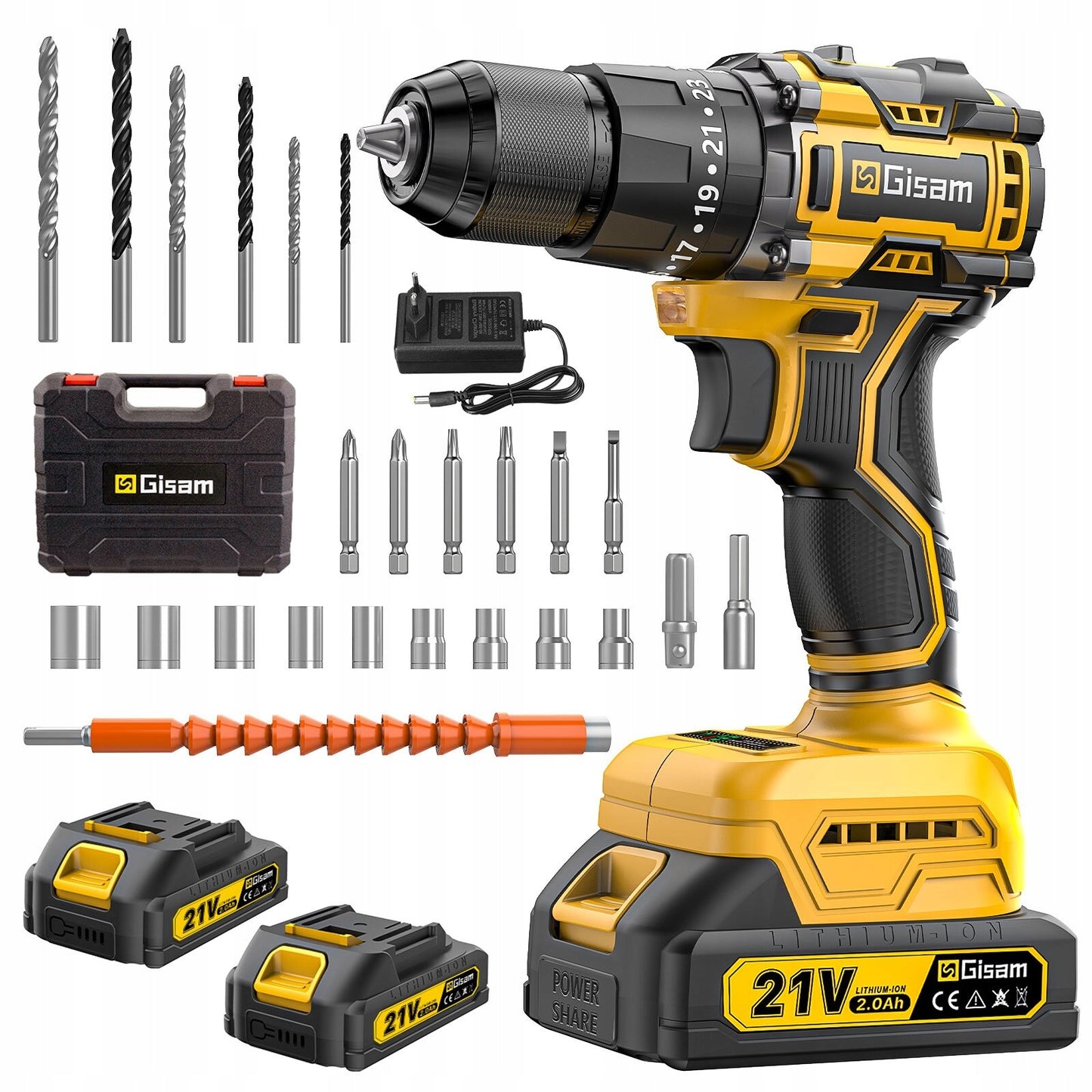 AKUMULIATORINIS BEŠEPETĖLIS SMŪGINIS GRĘŽTUVAS-SUKTUVAS 21V + GRĄŽTŲ RINKINYS