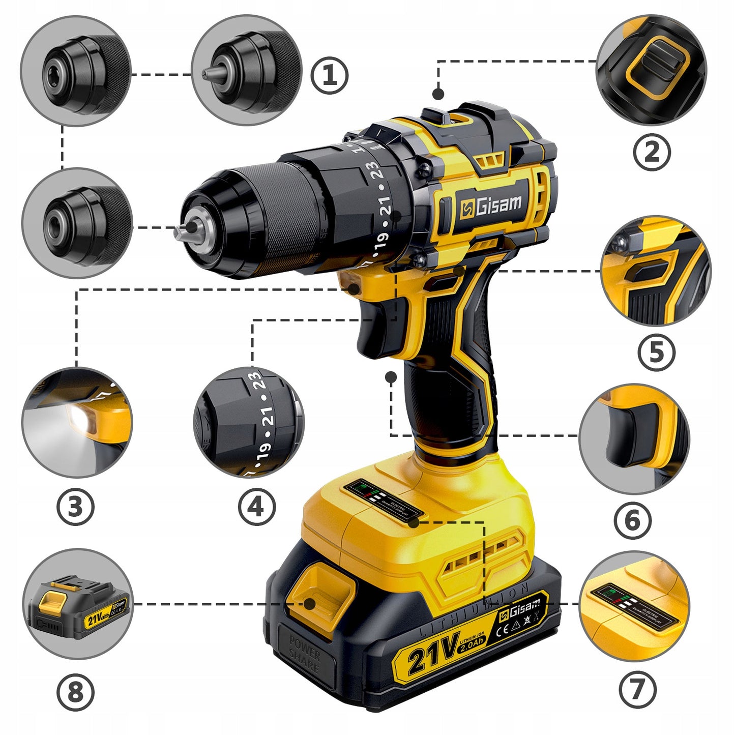 AKUMULIATORINIS BEŠEPETĖLIS SMŪGINIS GRĘŽTUVAS-SUKTUVAS 21V + GRĄŽTŲ RINKINYS