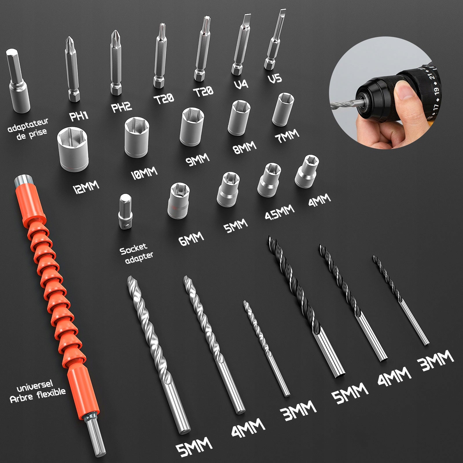 AKUMULIATORINIS BEŠEPETĖLIS SMŪGINIS GRĘŽTUVAS-SUKTUVAS 21V + GRĄŽTŲ RINKINYS