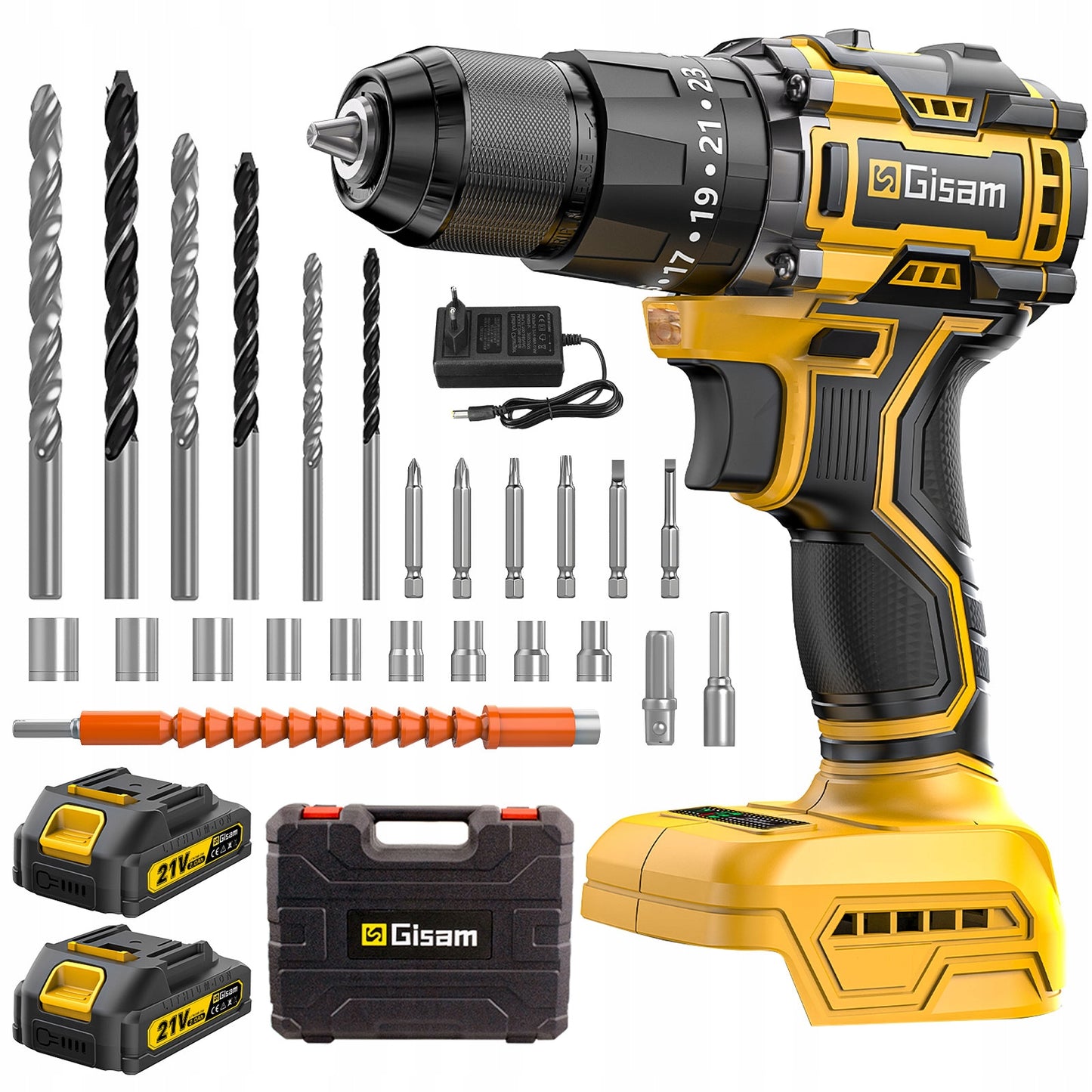 AKUMULIATORINIS BEŠEPETĖLIS SMŪGINIS GRĘŽTUVAS-SUKTUVAS 21V + GRĄŽTŲ RINKINYS