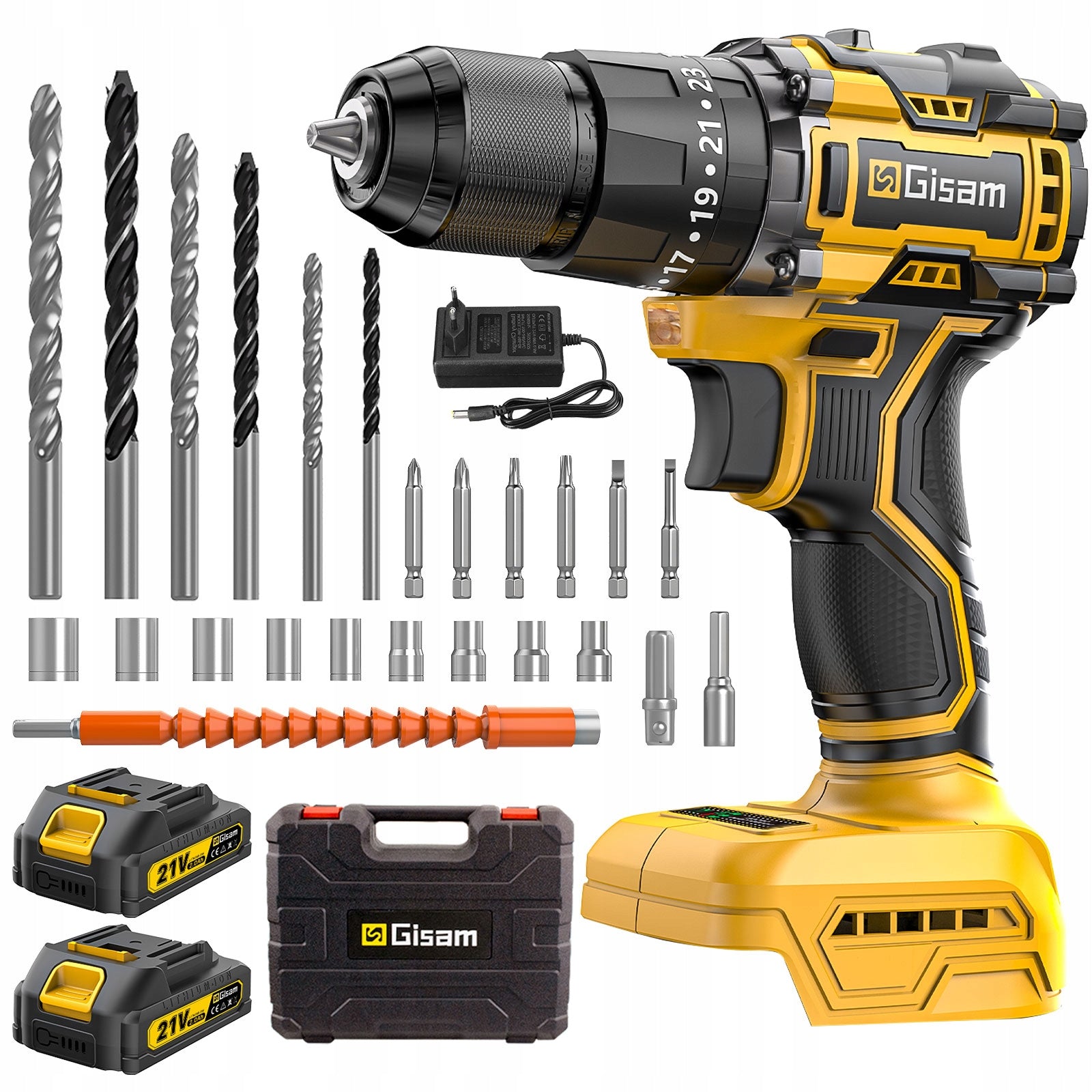 AKUMULIATORINIS BEŠEPETĖLIS SMŪGINIS GRĘŽTUVAS-SUKTUVAS 21V + GRĄŽTŲ RINKINYS