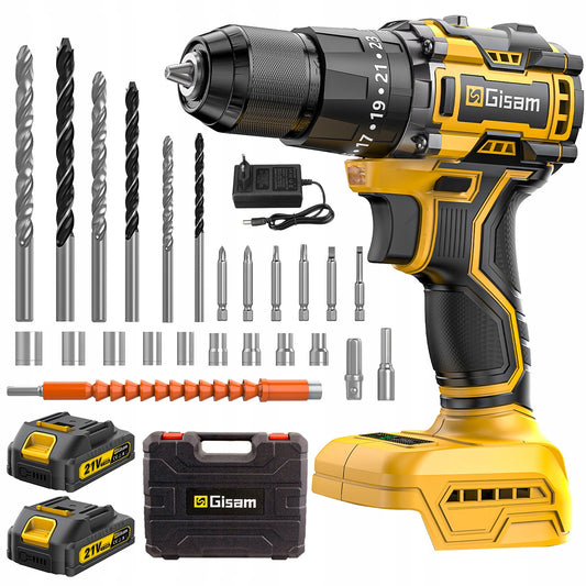 AKUMULIATORINIS BEŠEPETĖLIS SMŪGINIS GRĘŽTUVAS-SUKTUVAS 21V + GRĄŽTŲ RINKINYS