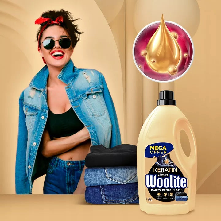 WOOLITE SKYSTIS SKALBIKLIS JUODAI AVRUS DŽINSAMS SU KERATINU 4.5L 75 SKALBIMAI