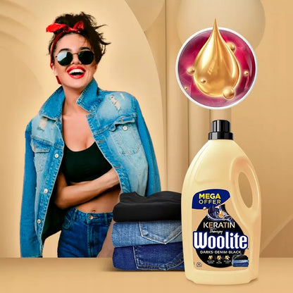 WOOLITE SKYSTIS SKALBIKLIS JUODAI AVRUS DŽINSAMS SU KERATINU 4.5L 75 SKALBIMAI