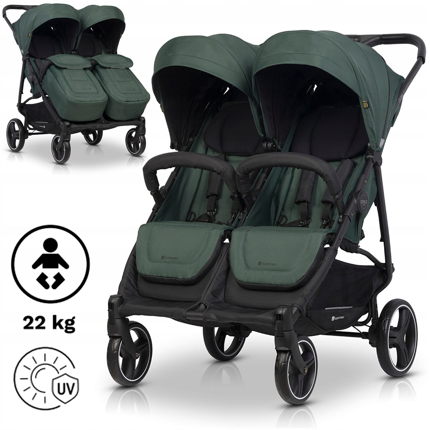 Vežimėlis dvyniams "Euro-Cart" JUNGLE, "Metai po metų" serija, su priedais, 0-22 kg