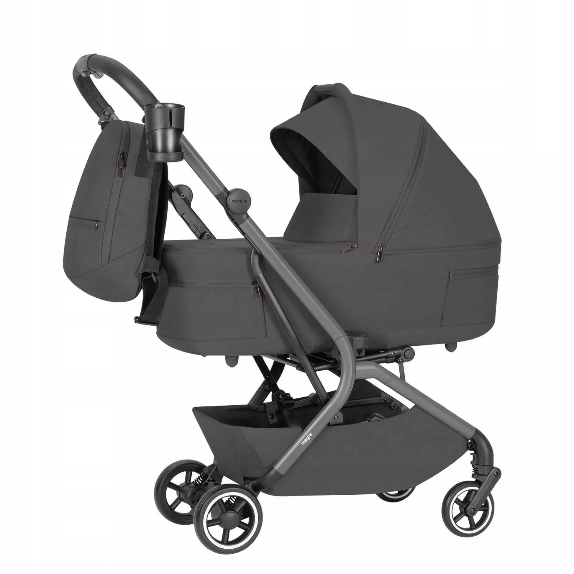 Daugiafunkcinis vežimėlis 2in1 CARRELLO MAGIA ELM pilkos spalvos, sulankstoma lopšys, 0-22 kg
