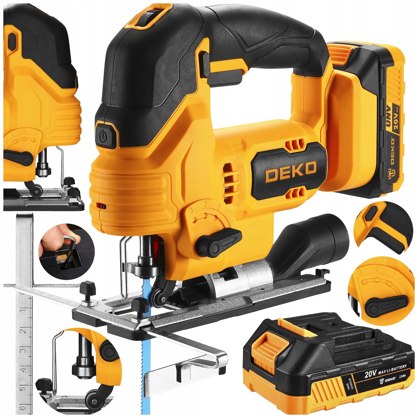 Akumuliatorinė dėlionės pjūklas medienai, metalui 20V 2Ah su ašmenimis, rinkinys DEKO