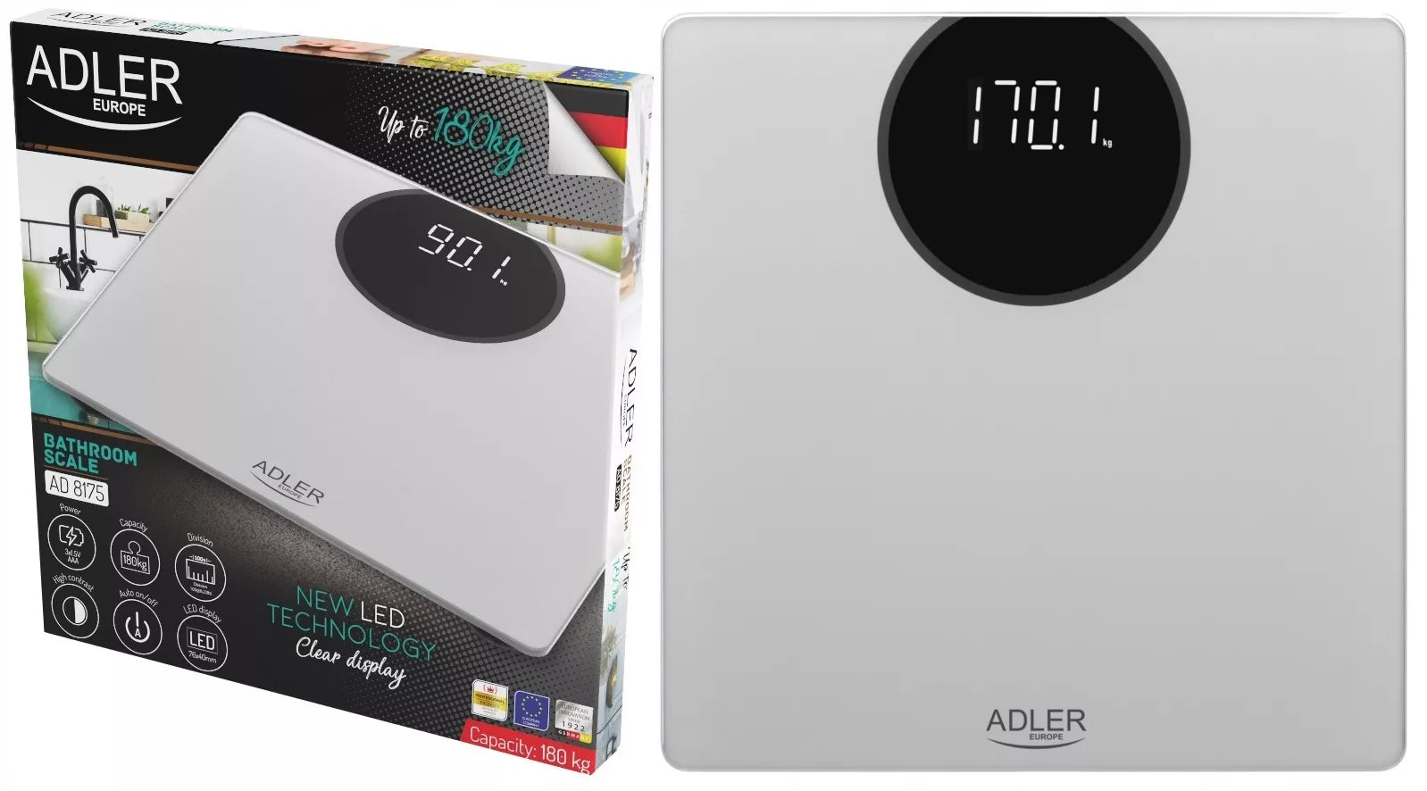 Elektroninės vonios svarstyklės stiklinės, tikslios, sidabrinės, LED, iki 180kg