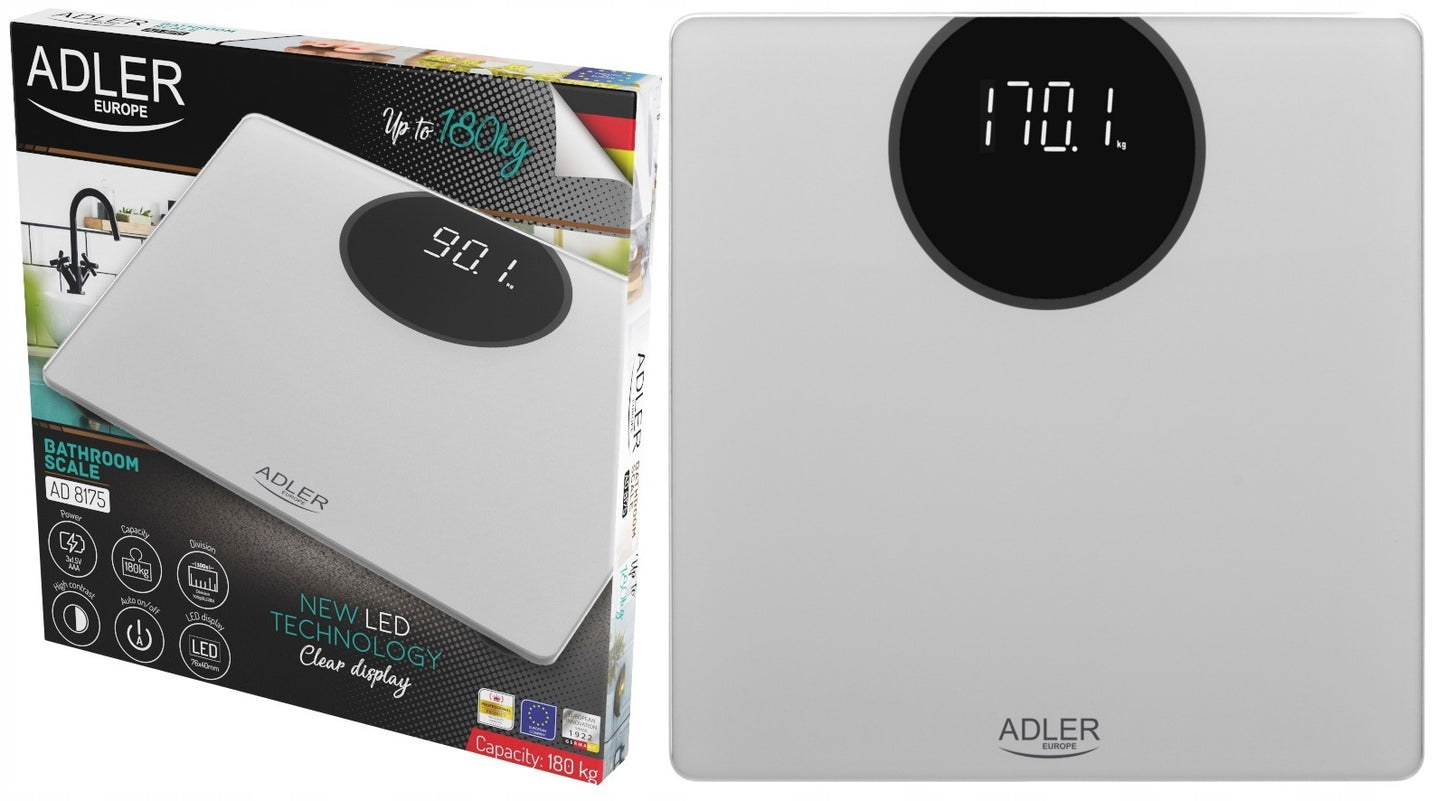 Elektroninės vonios svarstyklės stiklinės, tikslios, sidabrinės, LED, iki 180kg