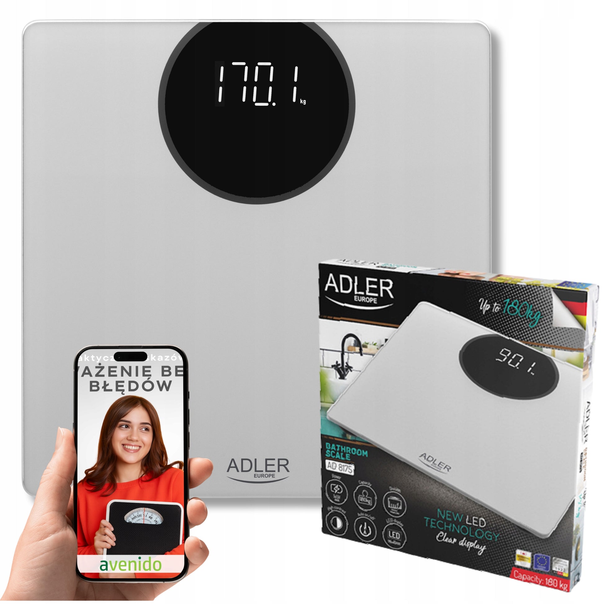 Elektroninės vonios svarstyklės stiklinės, tikslios, sidabrinės, LED, iki 180kg