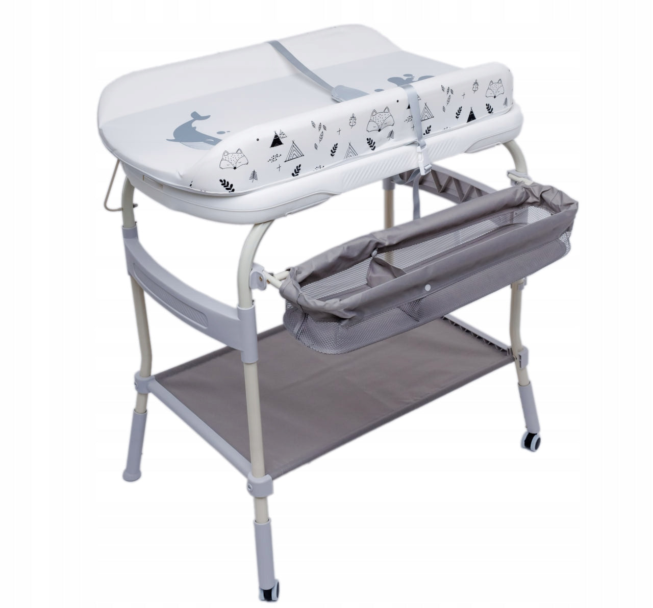 2in1 vonelė su stovu ir pervystymo stalu, su termometru, sulankstoma, su ratukais